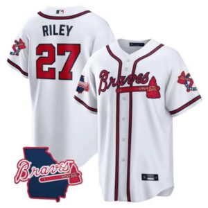 Men’s Atlanta Braves Georgia State Patch Jersey – White – All Stitched