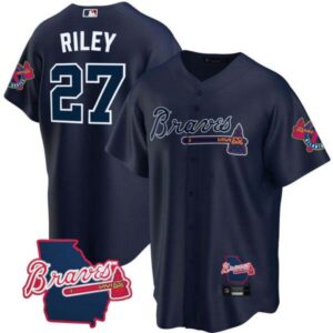 Men’s Atlanta Braves Georgia State Patch Jersey – Navy – All Stitched