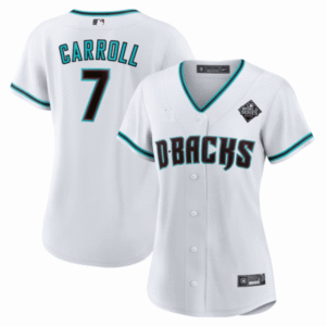 Women’s Corbin Carroll Arizona Diamondbacks 2023 World Series Patch Jersey – White – All Stitched