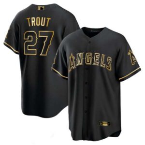 Men’s Mike Trout Los Angeles Angels Black Gold & White Gold Jersey – All Stitched