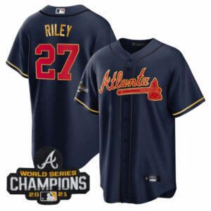 Men’s Atlanta Braves Champions Patch Gold Trim Jersey – All Stitched