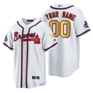 Atlanta Braves 4x World Series Gold Trim Custom Name and Number Jersey – Stitched