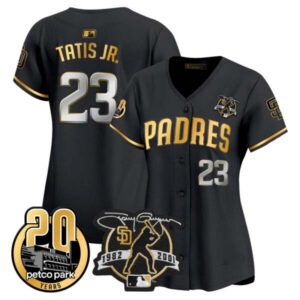 Women’s Padres Tony Gwynn & Petco Park 20th Patch Vapor Premier Limited Jersey – All Stitched