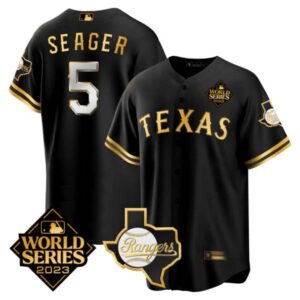 Corey Seager Texas Rangers 2023 World Series & Texas State Patch Gold Jersey – All Stitched
