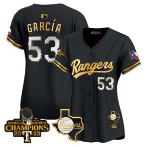 Women’s Texas Rangers 2023 World Series Champions Gold Trim Vapor Premier Limited Jersey V2 – All Stitched