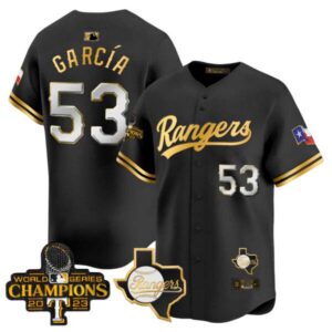 Men’s Texas Rangers 2023 World Series Champions Gold Trim Vapor Premier Limited Jersey V2 – All Stitched