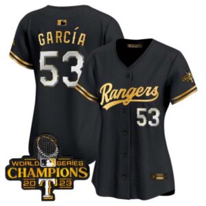 Women’s Texas Rangers 2023 World Series Champions Gold Trim Vapor Premier Limited Jersey – All Stitched