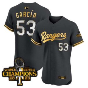 Men’s Texas Rangers 2023 World Series Champions Gold Trim Vapor Premier Elite Jersey – All Stitched