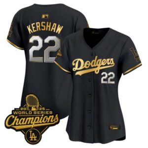 Women’s Dodgers 2025 World Series Champions Patch Gold Trim Vapor Premier Limited Jersey – All Stitched