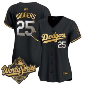 Women’s Dodgers 2025 World Series Gold Trim Vapor Premier Limited Jersey – All Stitched