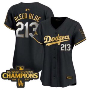Women’s Dodgers 2025 NL West Division Champions Patch Gold Trim Vapor Premier Limited Jersey – All Stitched