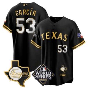 Men’s Texas Rangers 2023 World Series & Texas State Patch Cool Base Gold Jersey V2 – All Stitched