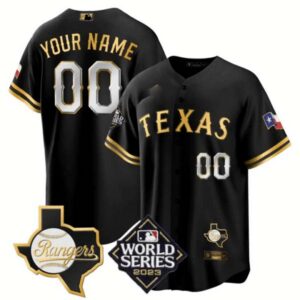 Texas Rangers 2023 World Series & Texas State Patch Gold Custom Jersey V2- All Stitched