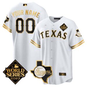 Texas Rangers 2023 World Series & Texas State Patch Gold Custom Jersey – All Stitched