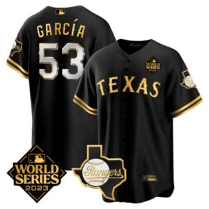 Men’s Texas Rangers 2023 World Series & Texas State Patch Gold Jersey – All Stitched