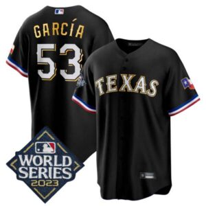 Men’s Texas Rangers 2023 World Series Cool Base Gold Trim Jersey – All Stitched