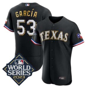 Men’s Texas Rangers 2023 World Series Flex Base Gold Trim Jersey – All Stitched