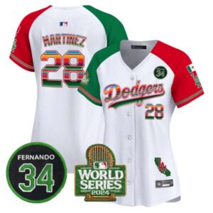Women’s Dodgers Mexico Fernando Memorial & 2024 World Series Patch Vapor Premier Limited Jersey – All Stitc