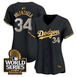 Women’s Dodgers 2024 World Series Gold Trim Vapor Premier Limited Jersey – All Stitched