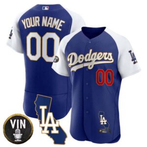 Los Angeles Dodgers California Patch Gold Trim Flex Base Custom Jersey – All Stitched