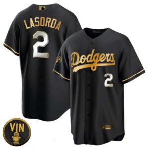 Men’s Tommy Lasorda Dodgers Black Limited Vin Scully Patch Jersey – All Stitched