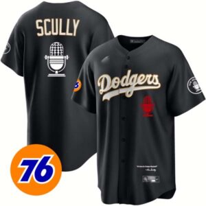 Men’s Los Angeles Dodgers Vin Scully 76 Patch Gold Trim Jersey – All Stitched