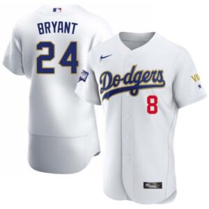 Kobe Bryant Lakers Patch Dodgers 2020 Championship Gold Trim Flex Base White Jersey – All Stitched