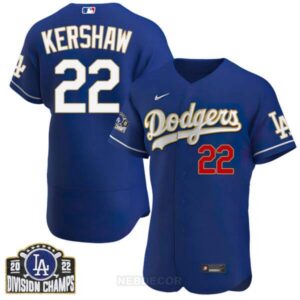 Men’s Los Angeles Dodgers NL West Division Champs 2022 Gold Trim Jersey – All Stitched