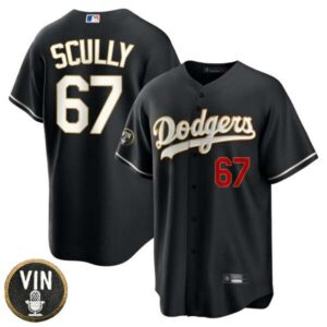 Los Angeles Dodgers Vin Scully Patch Black Gold Trim Jersey – All Stitched