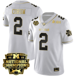 Blake Corum Michigan Wolverines 2023 National Champions Patch White Gold Jersey – All Stitched