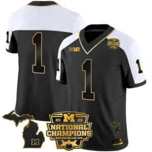 Men’s Michigan Wolverines 2023 National Champions Patch Gold Vapor Jersey V3 – All Stitched