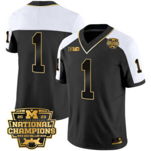 Men’s Michigan Wolverines 2023 National Champions Patch Gold Vapor Jersey V2 – All Stitched