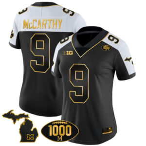 Women’s Michigan Wolverines 1000 Wins Patch Gold Jersey V2 – All Stitched