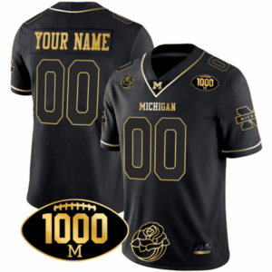 Michigan Wolverines Michigan 1000 Wins & Rose Bowl Patch Gold Custom Jersey – All Stitched