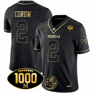 Men’s Michigan Wolverines Michigan 1000 Wins & Rose Bowl Patch Gold Jersey – All Stitched