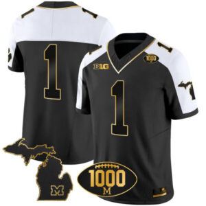 Men’s Michigan Wolverines 1000 Wins Patch Gold Jersey V2 – All Stitched