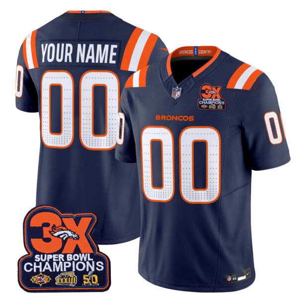 Denver Broncos 3-Time Champions Patch Vapor Limited Custom Jersey V2 – All Stitched
