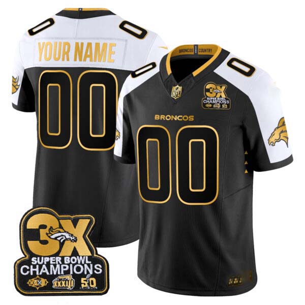 Denver Broncos 3-Time Champions Patch Gold Vapor Limited Custom Jersey – All Stitched