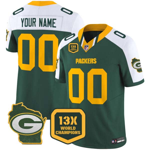 Packers 13 Time World Champions & Home Patch Vapor Limited Custom Jersey – All Stitched
