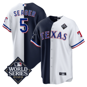 Men’s Split Rangers – Cowboys 2023 World Series Patch Cool Base Jersey – All Stitched