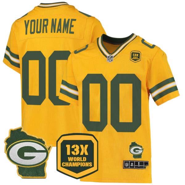 Packers 13 Time World Champions & Home Patch Game Custom Jersey – All Stitched