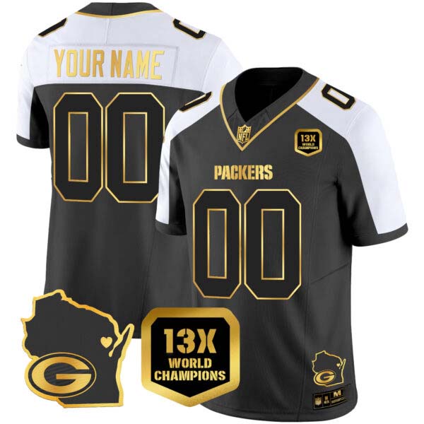 Packers 13 Time World Champions & Home Patch Gold Vapor Jersey V2 – All Stitched
