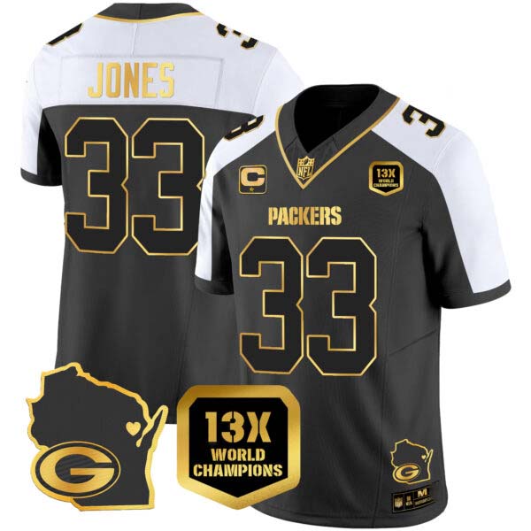 Men’s Packers 13 Time World Champions & Home Patch Gold Vapor Jersey V2 – All Stitched