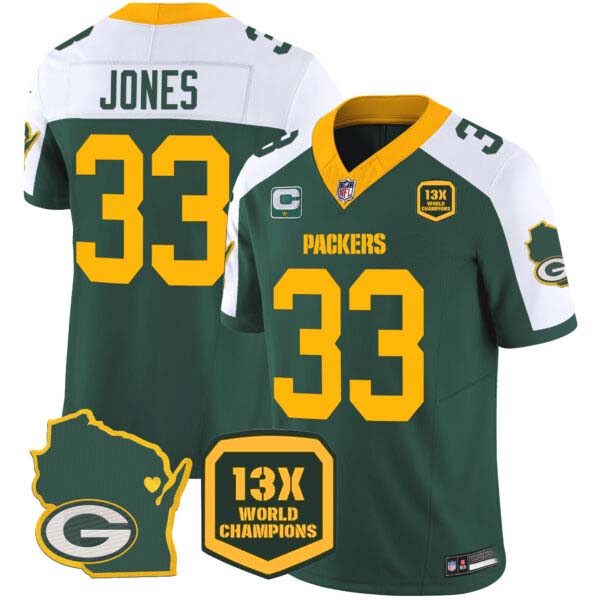 Men’s Packers 13 Time World Champions & Home Patch Vapor Jersey V2 – All Stitched