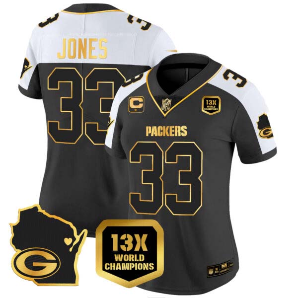 Women’s Packers 13 Time World Champions & Home Patch Gold Vapor Jersey V2 – All Stitched