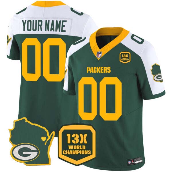 Packers 13 Time World Champions & Home Patch Vapor Custom Jersey V2 – All Stitched