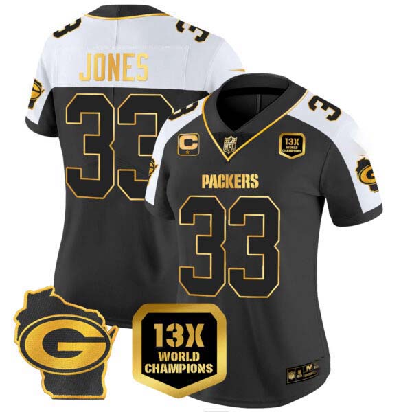 Women’s Packers 13 Time World Champions & Home Patch Gold Vapor Jersey – All Stitched