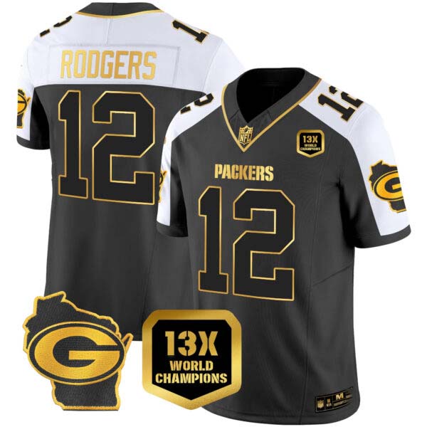 Men’s Packers 13 Time World Champions & Home Patch Gold Vapor Jersey – All Stitched