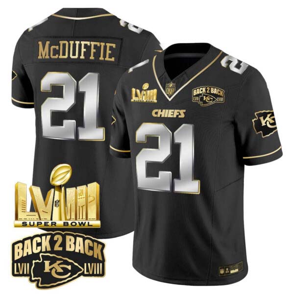 Trent McDuffie Chiefs Super Bowl LVIII & Back 2 Back Gold Patch Black Limited Vapor Jersey V2 – All Stitched