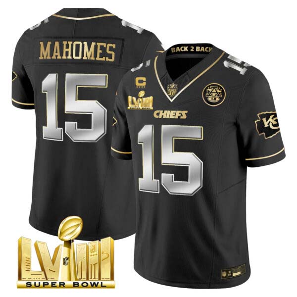 Men’s Chiefs Super Bowl LVIII & Back 2 Back Gold Patch Vapor Jersey V5 – All Stitched